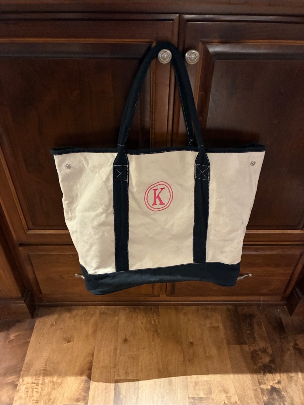 Canvas Tote Bag with Monogrammed K - Black and Cream